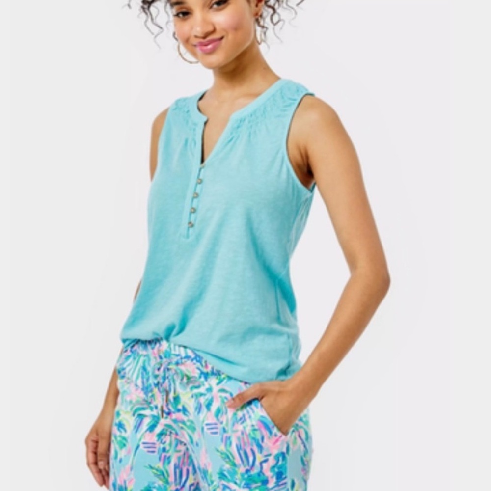 Lilly Pulitzer Aqua Sleeveless Henley Tank Top